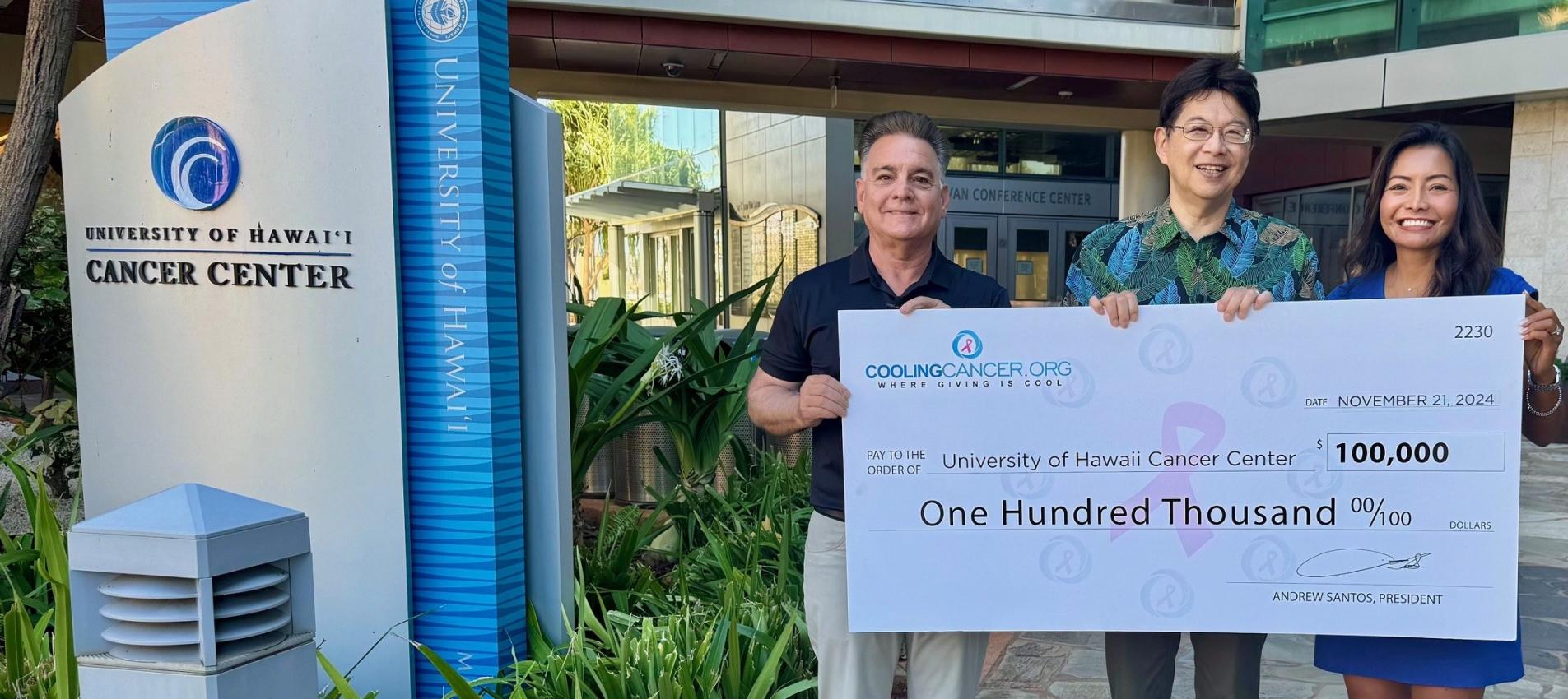 Cooling Cancer donation check supporting the University of Hawaii Cancer Center